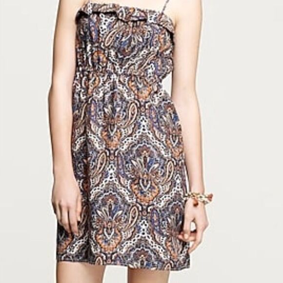 J. Crew Blue and Orange Candace Paisley Print 100% Silk Mini Dress - Picture 2 of 9